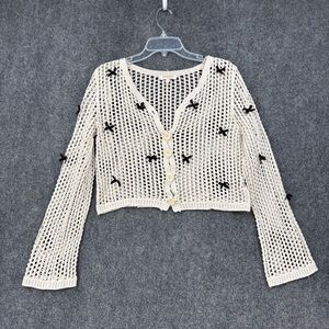 Rebellion Ivory Open Knit Cropped Cardigan Black Bows Women’s Small Coquette